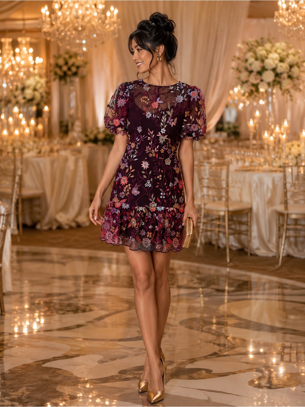 Milly Burgundy Floral Embroidered Mini Dress